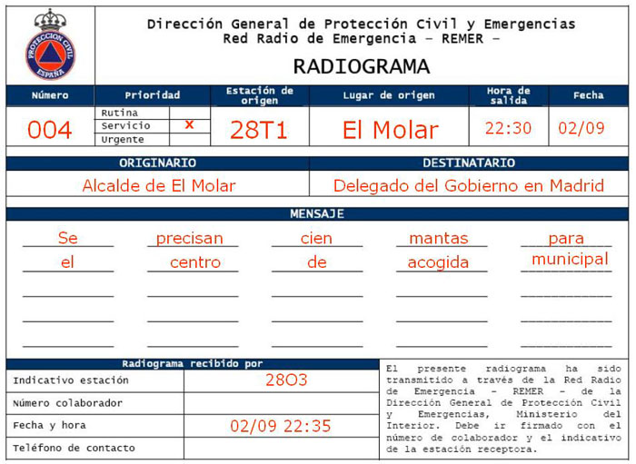 Example of a completed radiogram